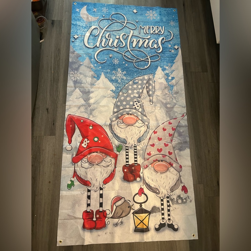 whimsical gnomes Merry Christmas Door  cover,35 x 72,  in a snowy winter scene